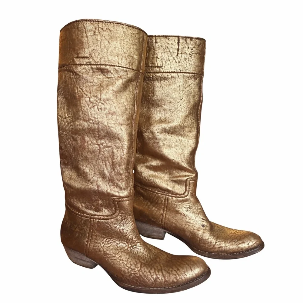 RARE Miu Miu Vintage Gold Metallic Leather Boots Sz 35 Cowboy Festival Boho - Picture 2 of 16